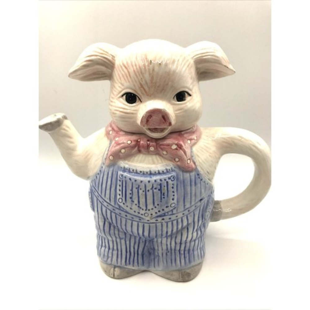 FARMER PIG TEA POT Vintage OVERALLS KERCHIEF Farm Barnyard Ceramic Collectible